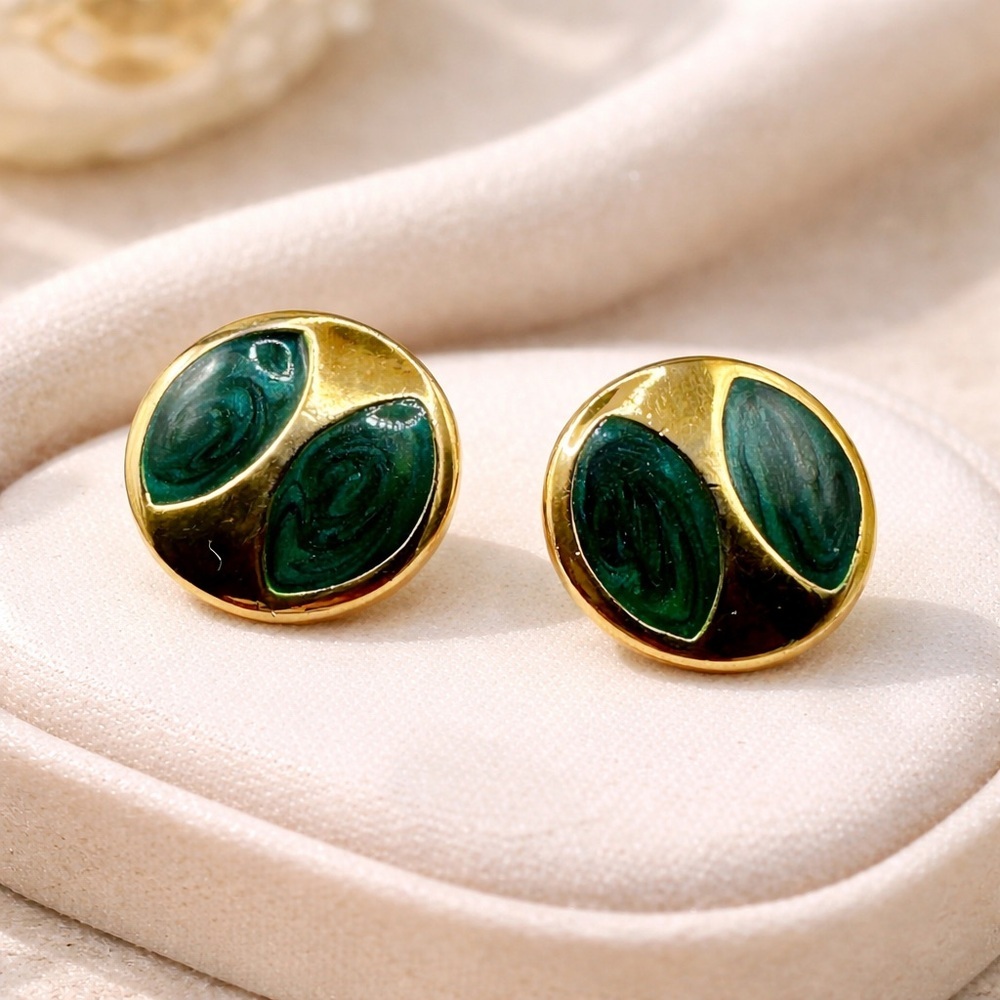 Vintage Green Enamel Gold Tone Round Stud Earrings | Retro Modern